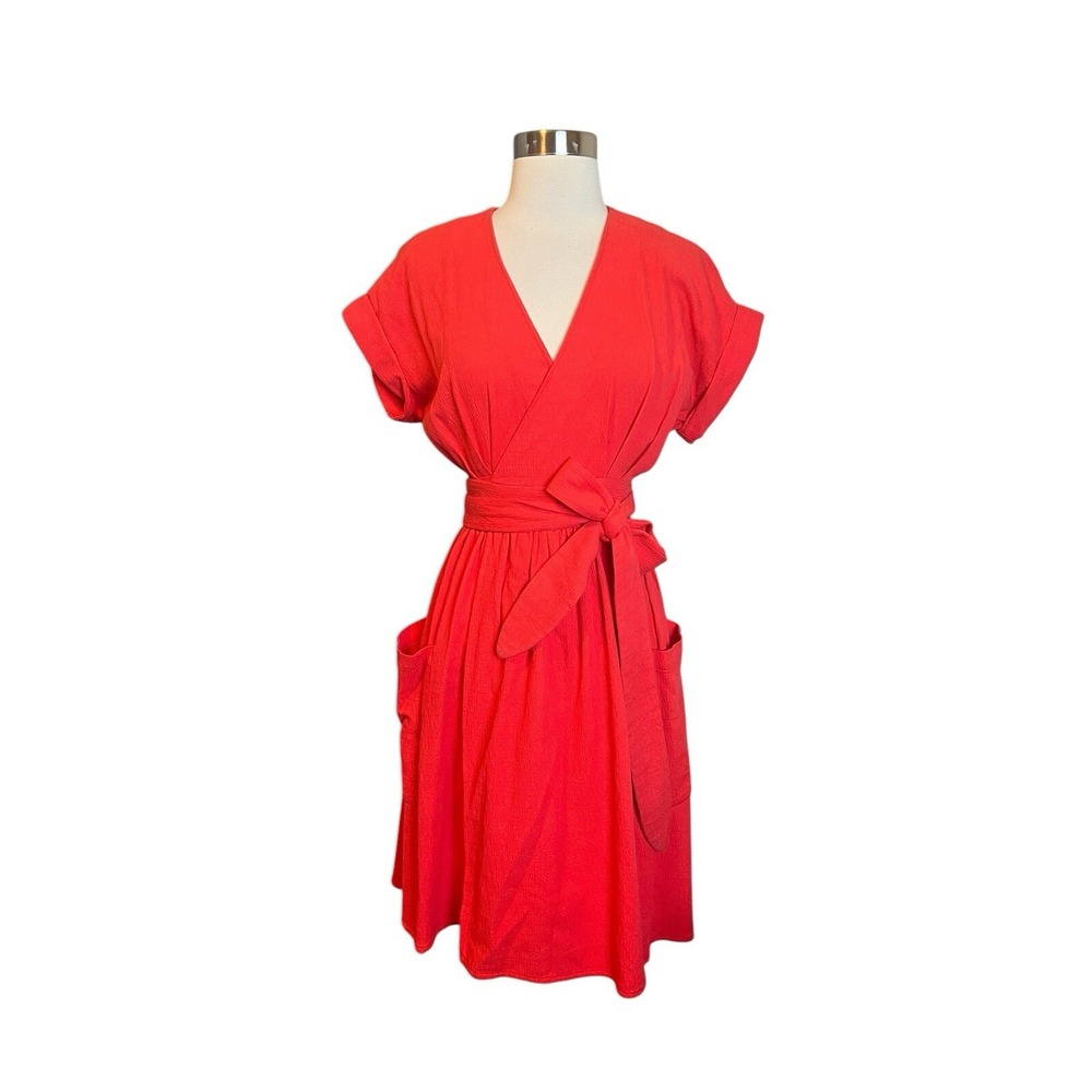 Mara Hoffman Ingrid Dress XS Red Orange Midi Wrap Belted Pockets Oversized